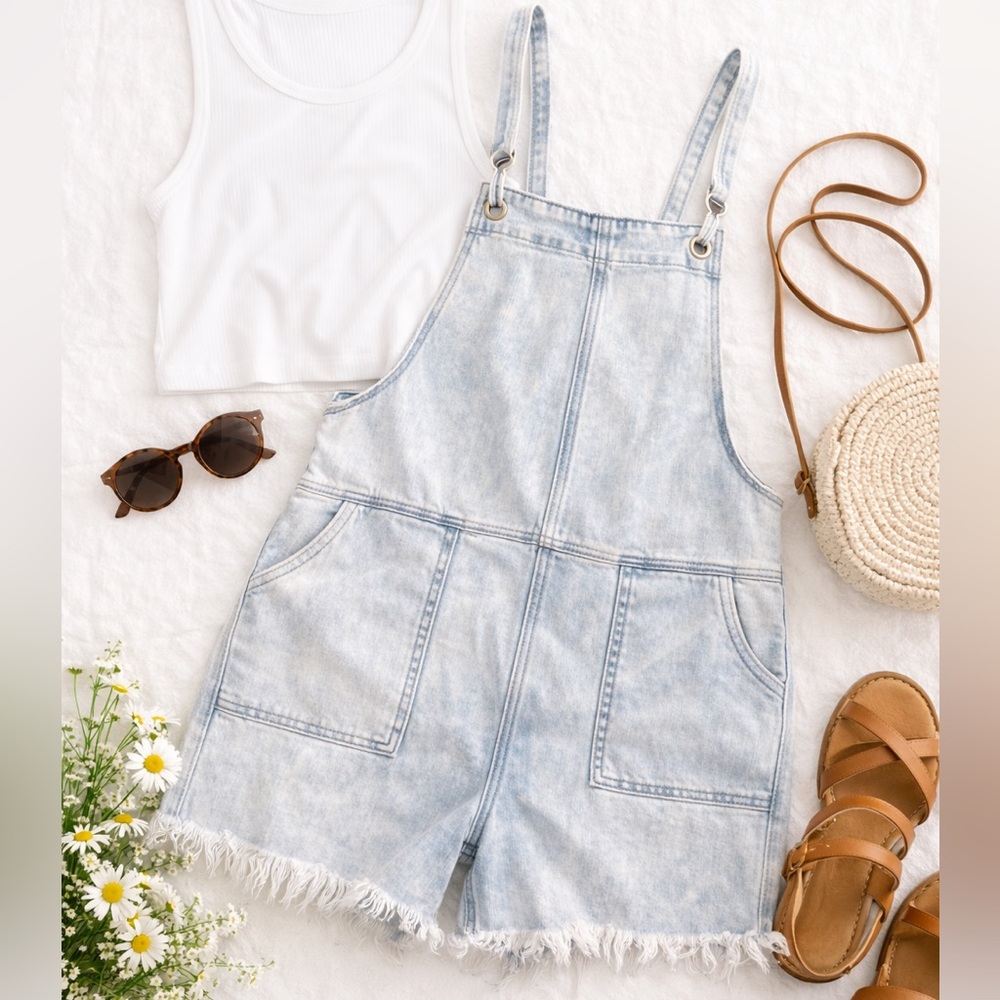Mimé Light Wash Denim Overall Shorts Frayed Hem Bib Shortalls Size M Summer
